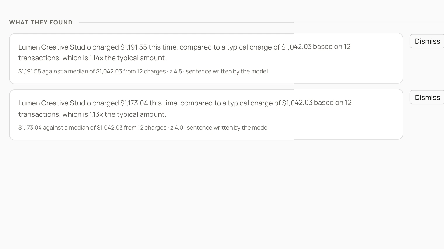 Two Agents findings: a charge compared with the median of twelve earlier charges from the same merchant