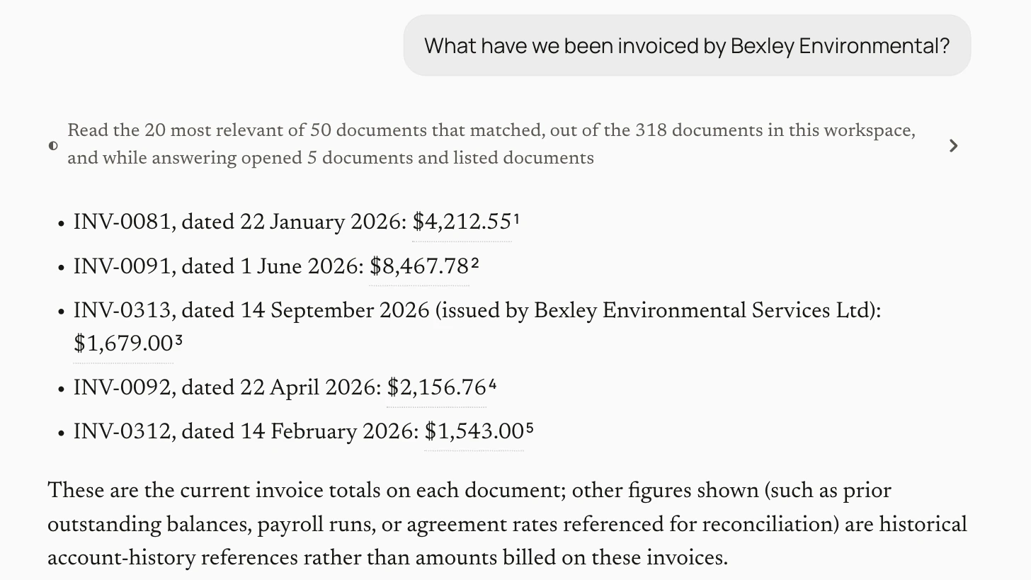 An answer listing five invoices from one vendor, each amount quoted from its own document