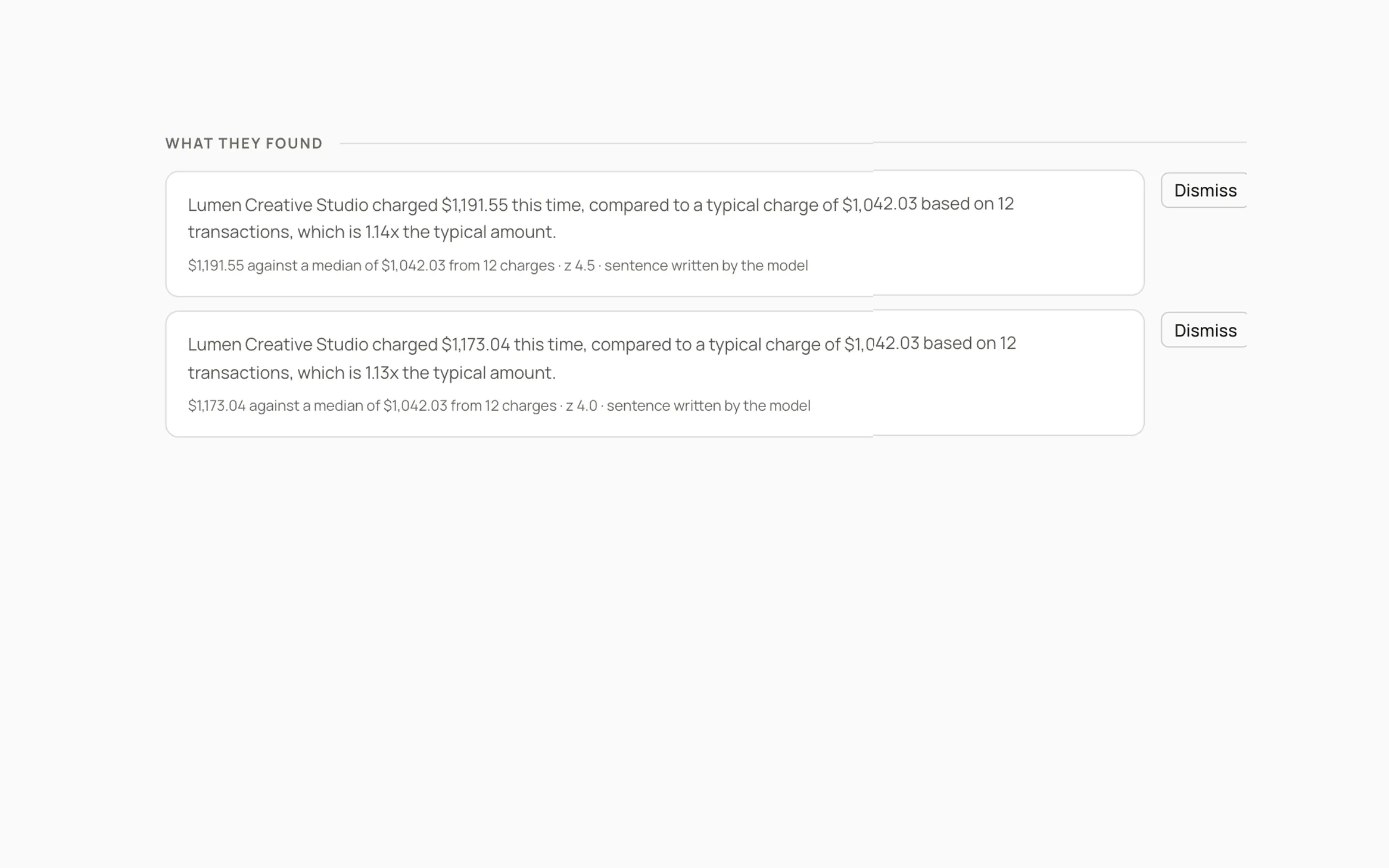Two Agents findings: a charge compared with the median of twelve earlier charges from the same merchant