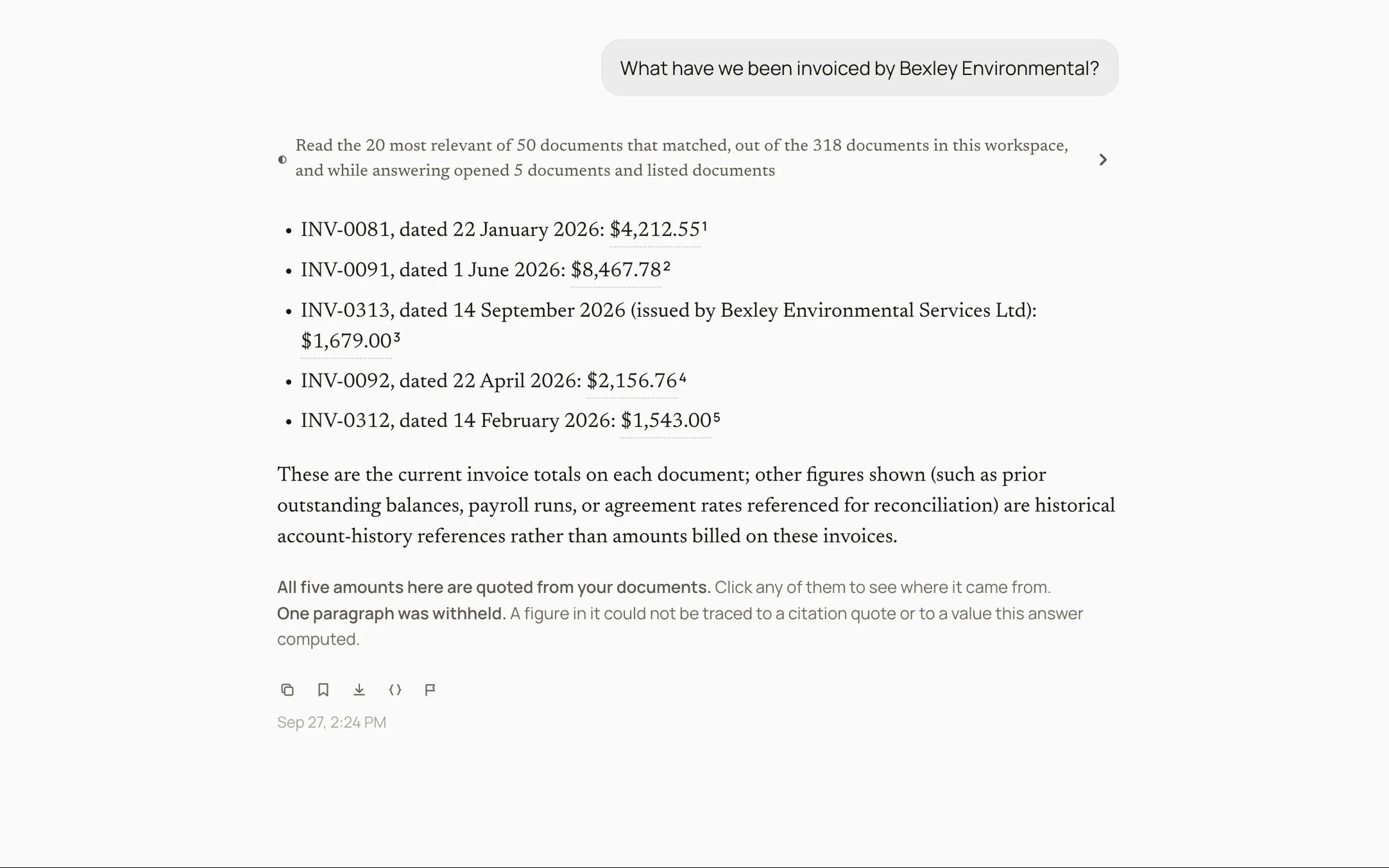 An answer in the Coset app listing five invoices from Bexley Environmental, each amount quoted from its own document
